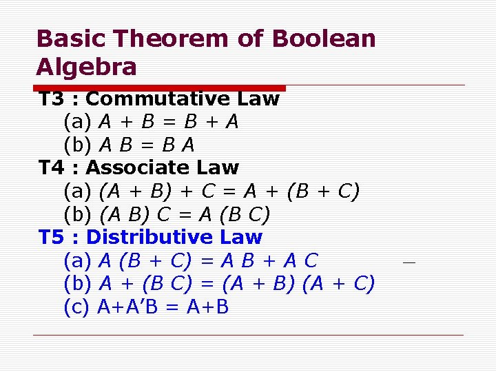 Basic Theorem of Boolean Algebra T 3 : Commutative Law (a) A + B
