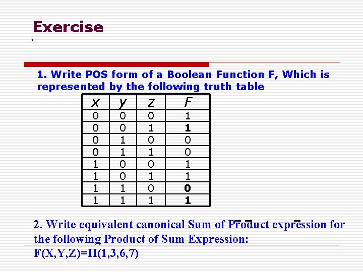 Exercise . 1. Write POS form of a Boolean Function F, Which is represented