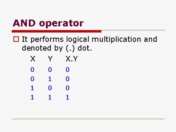 AND operator o It performs logical multiplication and denoted by (. ) dot. X
