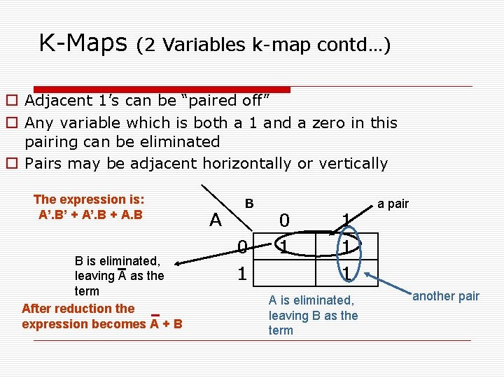 K-Maps (2 Variables k-map contd…) o Adjacent 1’s can be “paired off” o Any