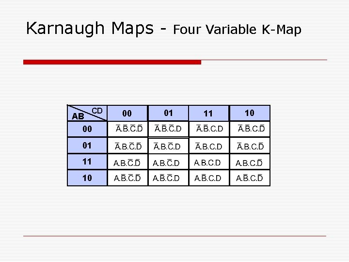 Karnaugh Maps - CD AB 00 01 11 10 00 Four Variable K-Map 01