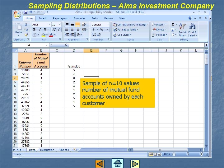 Sampling Distributions – Aims Investment Company Sample of n=10 values number of mutual fund