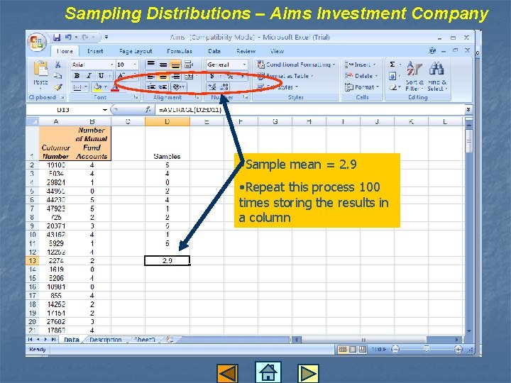 Sampling Distributions – Aims Investment Company • Sample mean = 2. 9 • Repeat