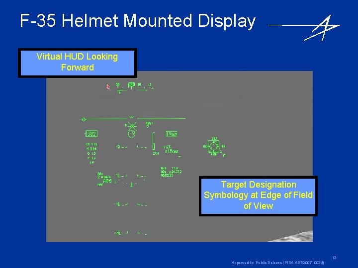 F-35 Helmet Mounted Display Virtual HUD Looking Forward Target Designation Symbology at Edge of