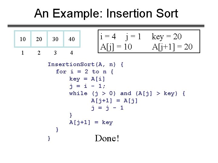 An Example: Insertion Sort 10 20 30 40 1 2 3 4 i=4 j=1