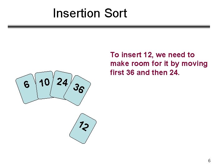 Insertion Sort 6 10 24 36 To insert 12, we need to make room