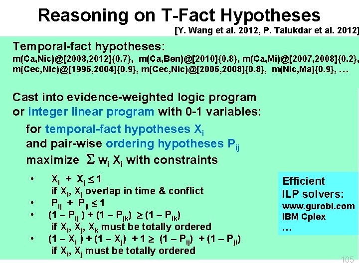 Reasoning on T-Fact Hypotheses [Y. Wang et al. 2012, P. Talukdar et al. 2012]