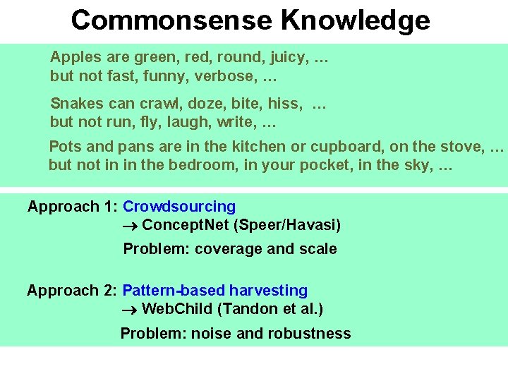 Commonsense Knowledge Apples are green, red, round, juicy, … but not fast, funny, verbose,