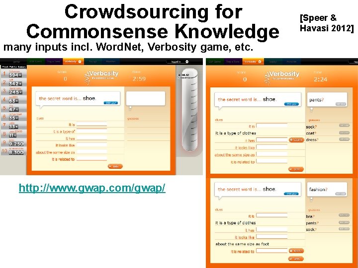 Crowdsourcing for Commonsense Knowledge many inputs incl. Word. Net, Verbosity game, etc. http: //www.