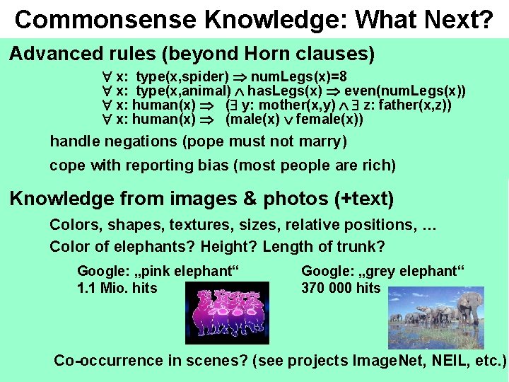 Commonsense Knowledge: What Next? Advanced rules (beyond Horn clauses) x: type(x, spider) num. Legs(x)=8