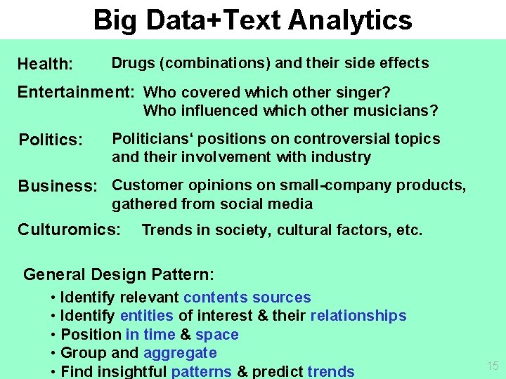 Big Data+Text Analytics Health: Drugs (combinations) and their side effects Entertainment: Who covered which