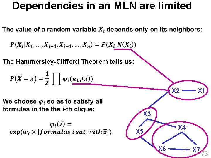 Dependencies in an MLN are limited The Hammersley-Clifford Theorem tells us: X 2 X
