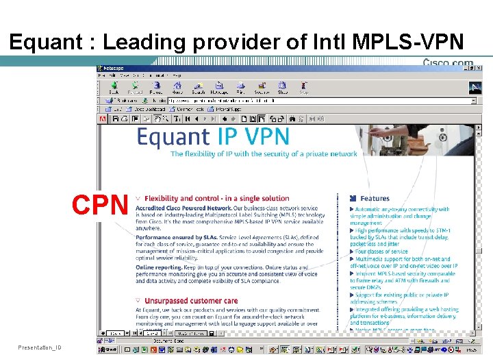 Equant : Leading provider of Intl MPLS-VPN CPN Presentation_ID © 2001, Cisco Systems, Inc.