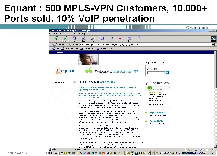 Equant : 500 MPLS-VPN Customers, 10. 000+ Ports sold, 10% Vo. IP penetration Presentation_ID