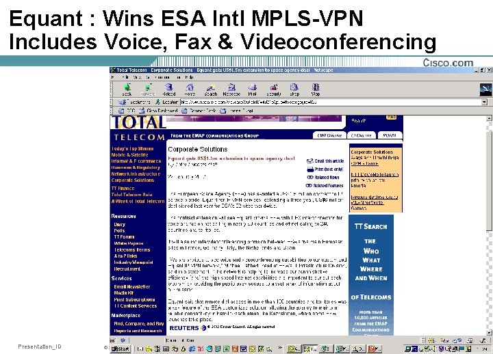 Equant : Wins ESA Intl MPLS-VPN Includes Voice, Fax & Videoconferencing Presentation_ID © 2001,