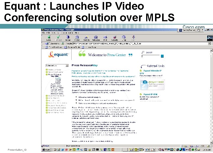 Equant : Launches IP Video Conferencing solution over MPLS Presentation_ID © 2001, Cisco Systems,