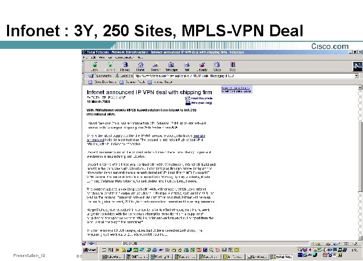 Infonet : 3 Y, 250 Sites, MPLS-VPN Deal Presentation_ID © 2001, Cisco Systems, Inc.