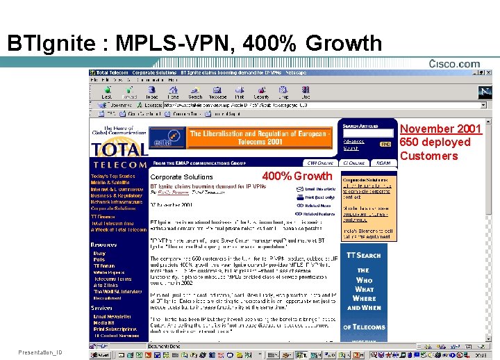 BTIgnite : MPLS-VPN, 400% Growth November 2001 650 deployed Customers 400% Growth Presentation_ID ©