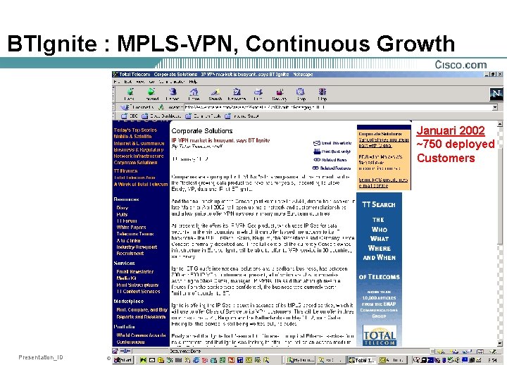 BTIgnite : MPLS-VPN, Continuous Growth Januari 2002 ~750 deployed Customers Presentation_ID © 2001, Cisco