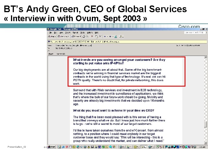 BT’s Andy Green, CEO of Global Services « Interview in with Ovum, Sept 2003