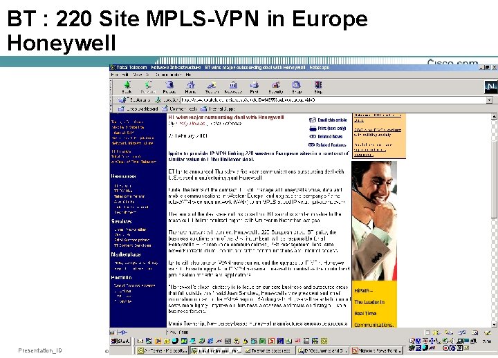 BT : 220 Site MPLS-VPN in Europe Honeywell Presentation_ID © 2001, Cisco Systems, Inc.