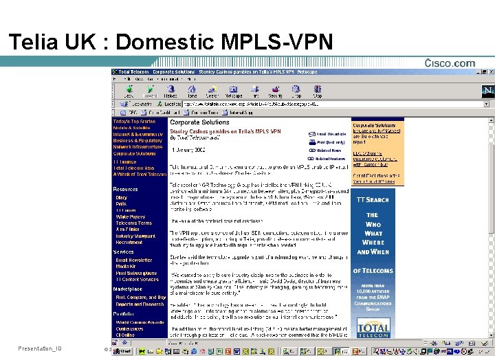 Telia UK : Domestic MPLS-VPN Presentation_ID © 2001, Cisco Systems, Inc. All rights reserved.