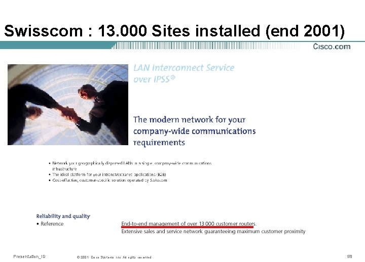 Swisscom : 13. 000 Sites installed (end 2001) Presentation_ID © 2001, Cisco Systems, Inc.