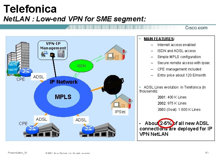 Telefonica Net. LAN : Low-end VPN for SME segment: • MAIN FEATURES: VPN-IP Management