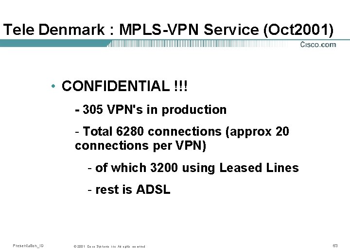 Tele Denmark : MPLS-VPN Service (Oct 2001) • CONFIDENTIAL !!! - 305 VPN's in