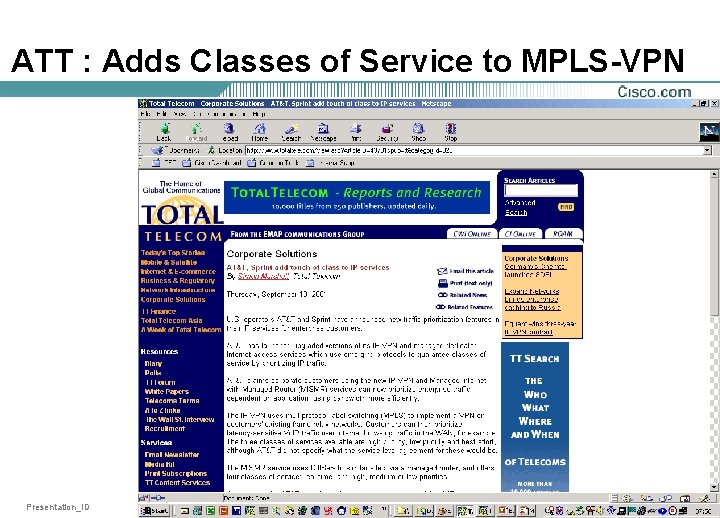 ATT : Adds Classes of Service to MPLS-VPN Presentation_ID © 2001, Cisco Systems, Inc.