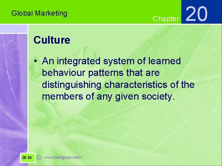 Global Marketing Chapter 20 Culture • An integrated system of learned behaviour patterns that