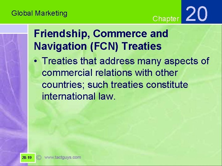 Global Marketing Chapter 20 Friendship, Commerce and Navigation (FCN) Treaties • Treaties that address