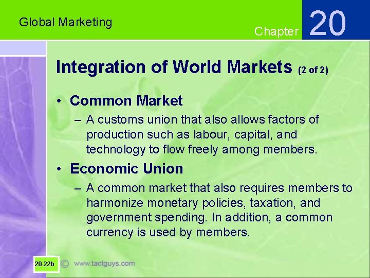 Global Marketing Chapter 20 Integration of World Markets (2 of 2) • Common Market