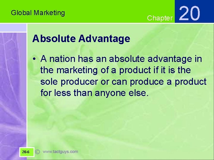 Global Marketing Chapter 20 Absolute Advantage • A nation has an absolute advantage in