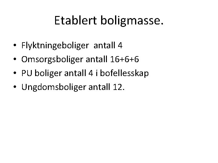 Etablert boligmasse. • • Flyktningeboliger antall 4 Omsorgsboliger antall 16+6+6 PU boliger antall 4