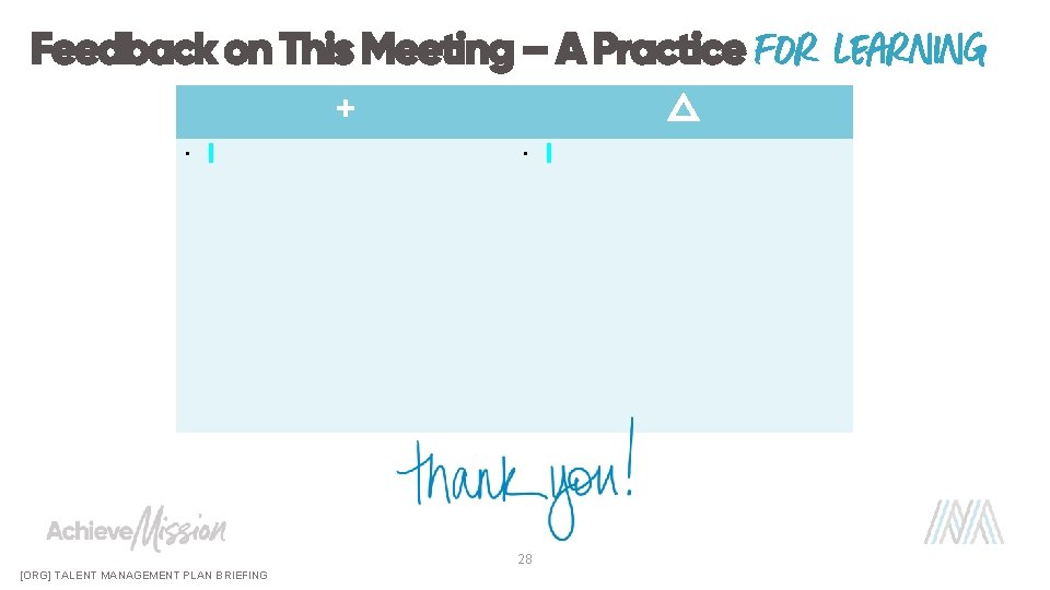 Feedback on This Meeting – A Practice for learning + • △ • 28