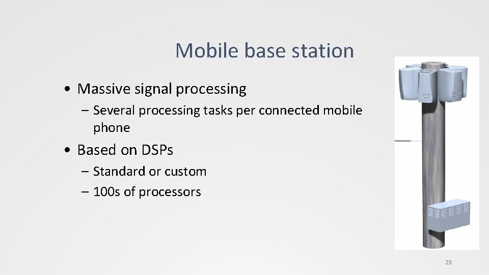 Mobile base station • Massive signal processing – Several processing tasks per connected mobile