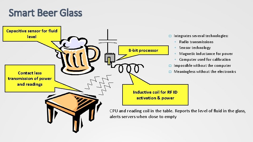 Smart Beer Glass Capacitive sensor fluid level � 8 -bit processor � Contact less