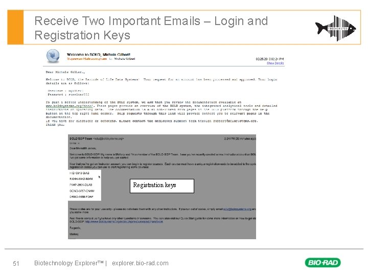 Receive Two Important Emails – Login and Registration Keys Registration keys 51 Biotechnology Explorer™