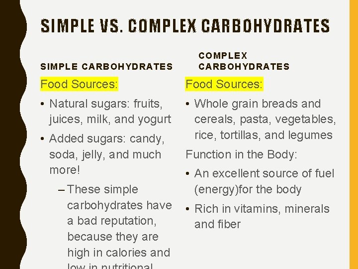 SIMPLE VS. COMPLEX CARBOHYDRATES SIMPLE CARBOHYDRATES COMPLEX CARBOHYDRATES Food Sources: • Natural sugars: fruits,