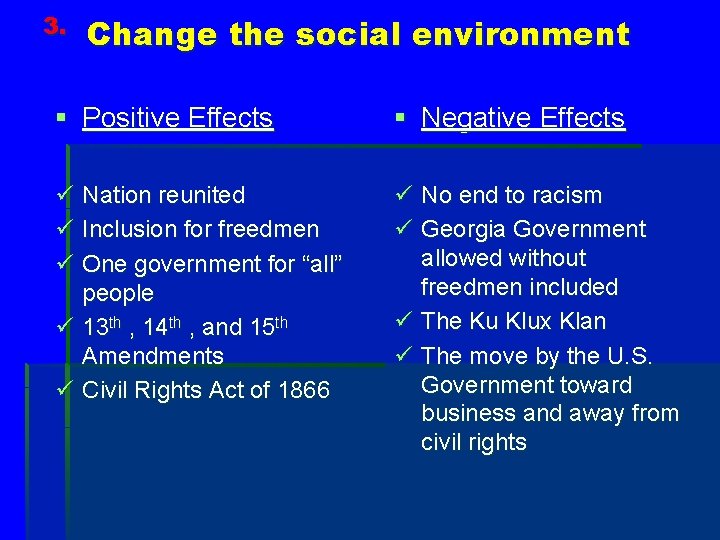 3. Change the social environment § Positive Effects § Negative Effects ü Nation reunited