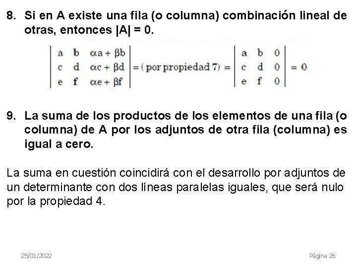 8. Si en A existe una fila (o columna) combinación lineal de otras, entonces