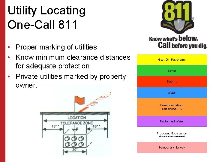 Utility Locating One-Call 811 • Proper marking of utilities • Know minimum clearance distances