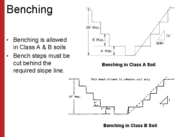 Benching • Benching is allowed in Class A & B soils • Bench steps