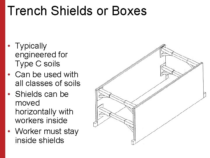 Trench Shields or Boxes • Typically engineered for Type C soils • Can be