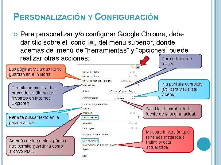 PERSONALIZACIÓN Y CONFIGURACIÓN Para personalizar y/o configurar Google Chrome, debe dar clic sobre el