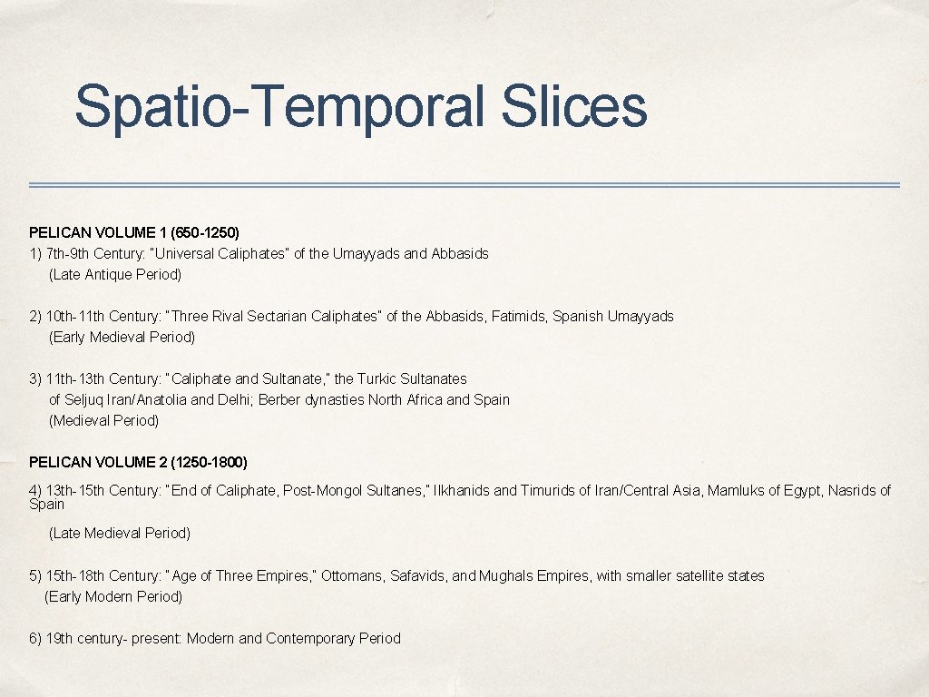 Spatio-Temporal Slices PELICAN VOLUME 1 (650 -1250) 1) 7 th-9 th Century: “Universal Caliphates”