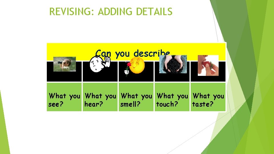 REVISING: ADDING DETAILS Can you describe… What you What you see? hear? smell? touch?