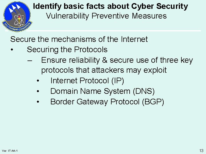 Identify basic facts about Cyber Security Vulnerability Preventive Measures Secure the mechanisms of the