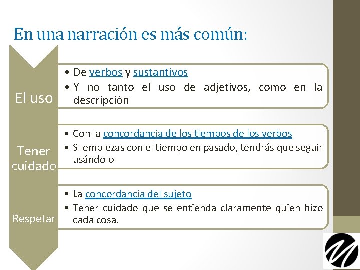 En una narración es más común: El uso Tener cuidado • De verbos y